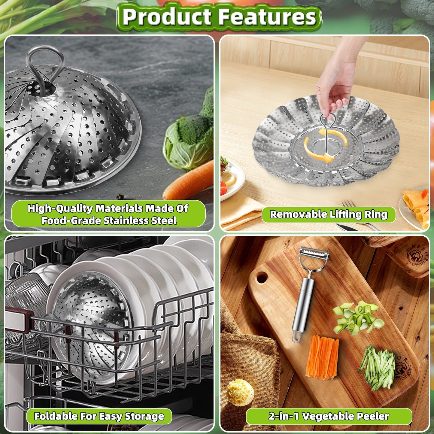 Vegetable Steamer Basket for Instant Pot Accessories Stainless Steel Steamer for Food with Vegetable Peeler Folding Expandable Steamers to Fit Various Size Pot with Safety Tool for Kitchen Tools