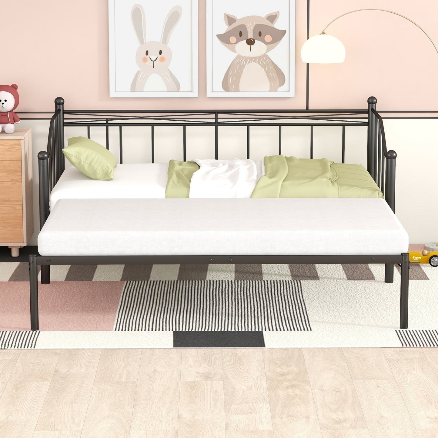 Twin Daybed with Pop-up Trundle, Extendable Metal Daybed Frame with Headboard and Safety Guardrails,Upholstered Sofa Bed Frame for Kids Teens Adults, Living Room,Easy Assembly, Black