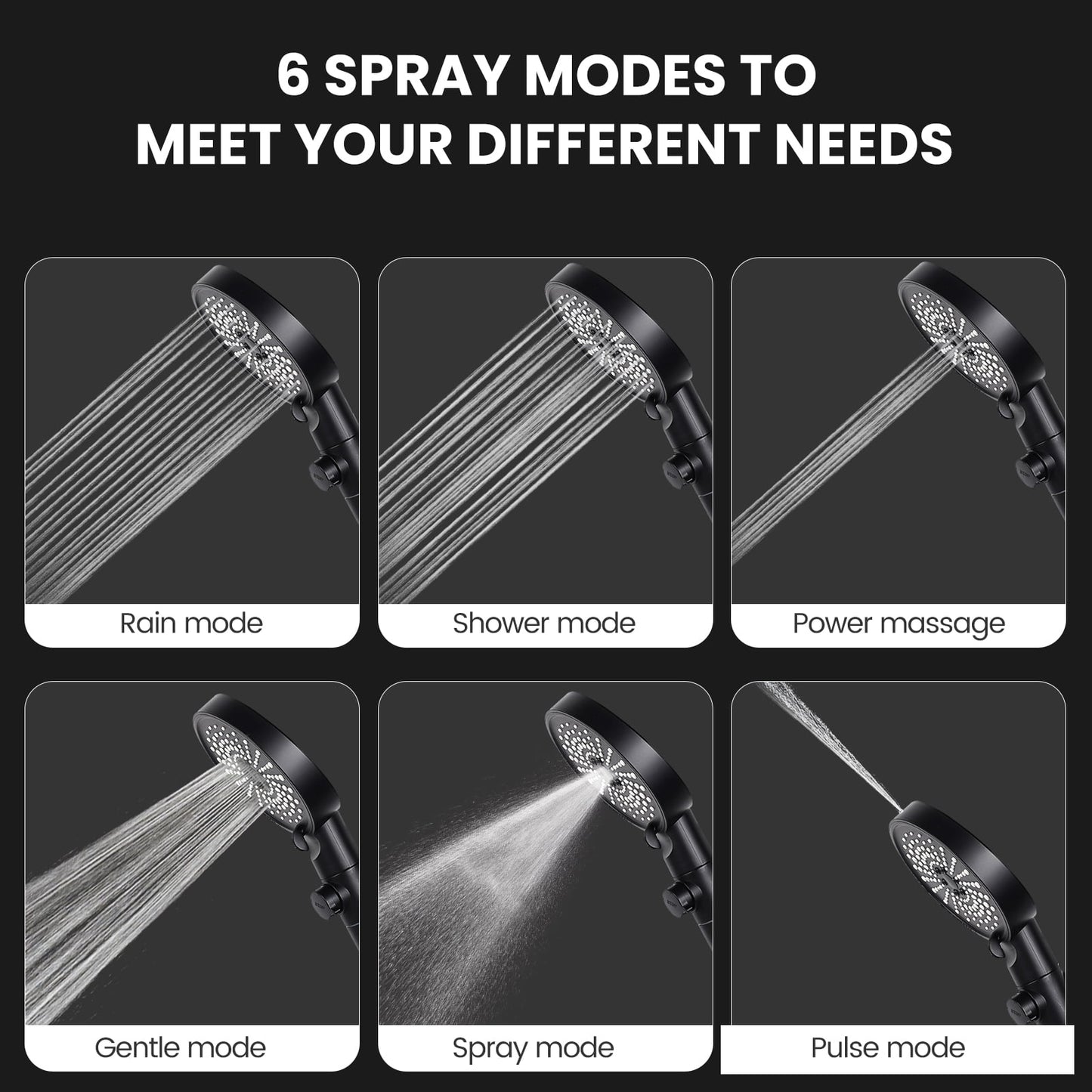 WYRAVIO Handheld Shower Head, High Pressure Shower Head with 6 Spray Settings, 59" Stainless Steel Hose and Adjustable Shower Stand, Shower Head with One Button Switch, Drill-Free Design, Black