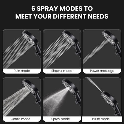 WYRAVIO Handheld Shower Head, High Pressure Shower Head with 6 Spray Settings, 59" Stainless Steel Hose and Adjustable Shower Stand, Shower Head with One Button Switch, Drill-Free Design, Black