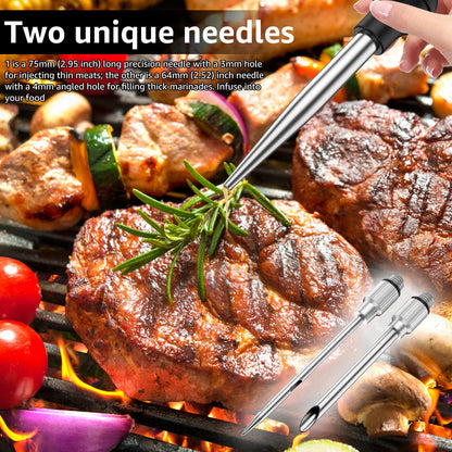 Turkey Baster Stainless Steel Turkey Baster Syringe with Cleaning Brush Meat Marinade Injector with 2 Needles and Detachable Silicone Round Bulb Meat Baster for BBQ Grill Baking Kitchen Cooking