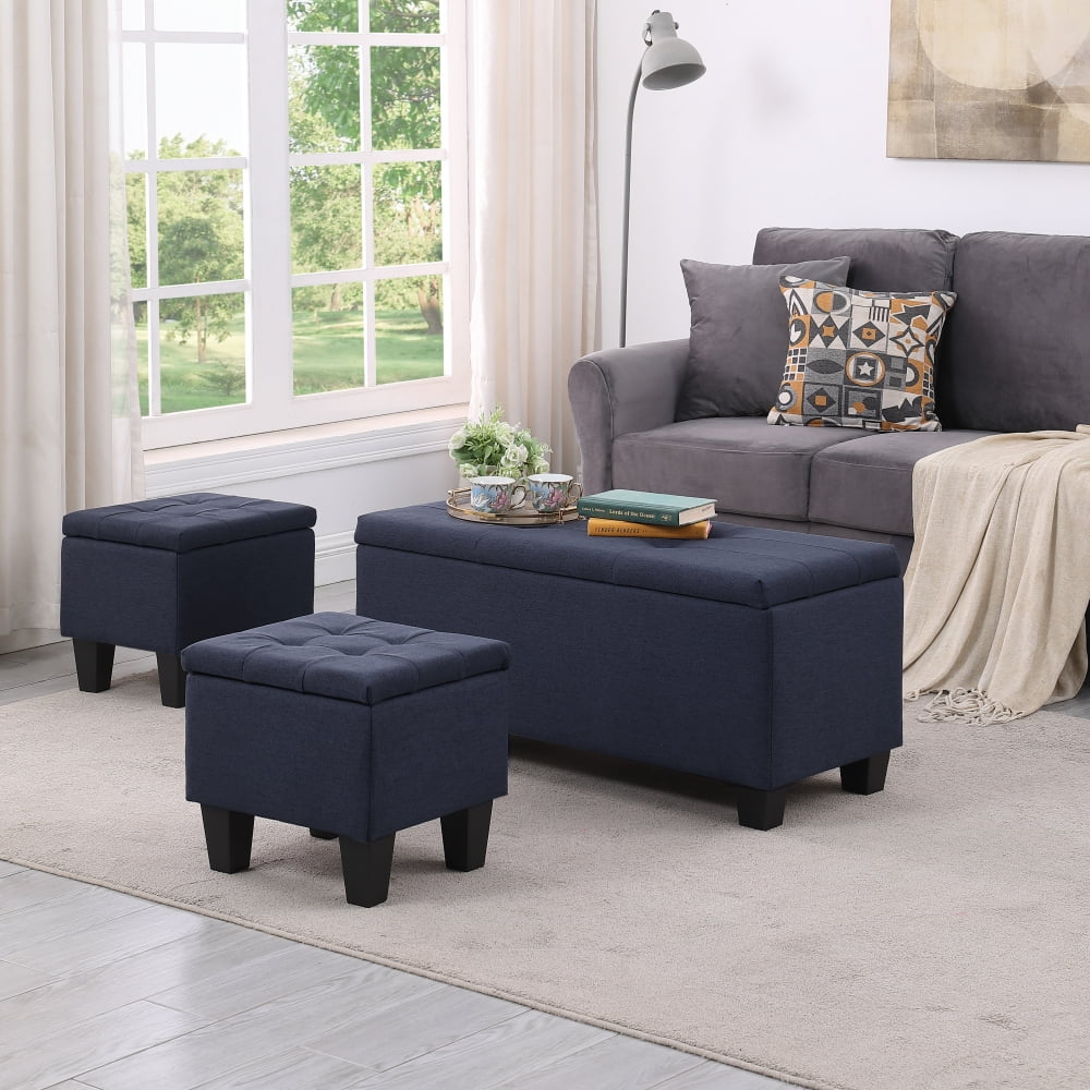 3 in 1 Combination Ottoman, Large Storage Ottoman Bench Set, Tufted Ottoman Linen Bench, Lift Top Storage Ottoman Footrest Stool, Coffee Table for Living Room Entryway Hallway Bedroom, Dark Blue
