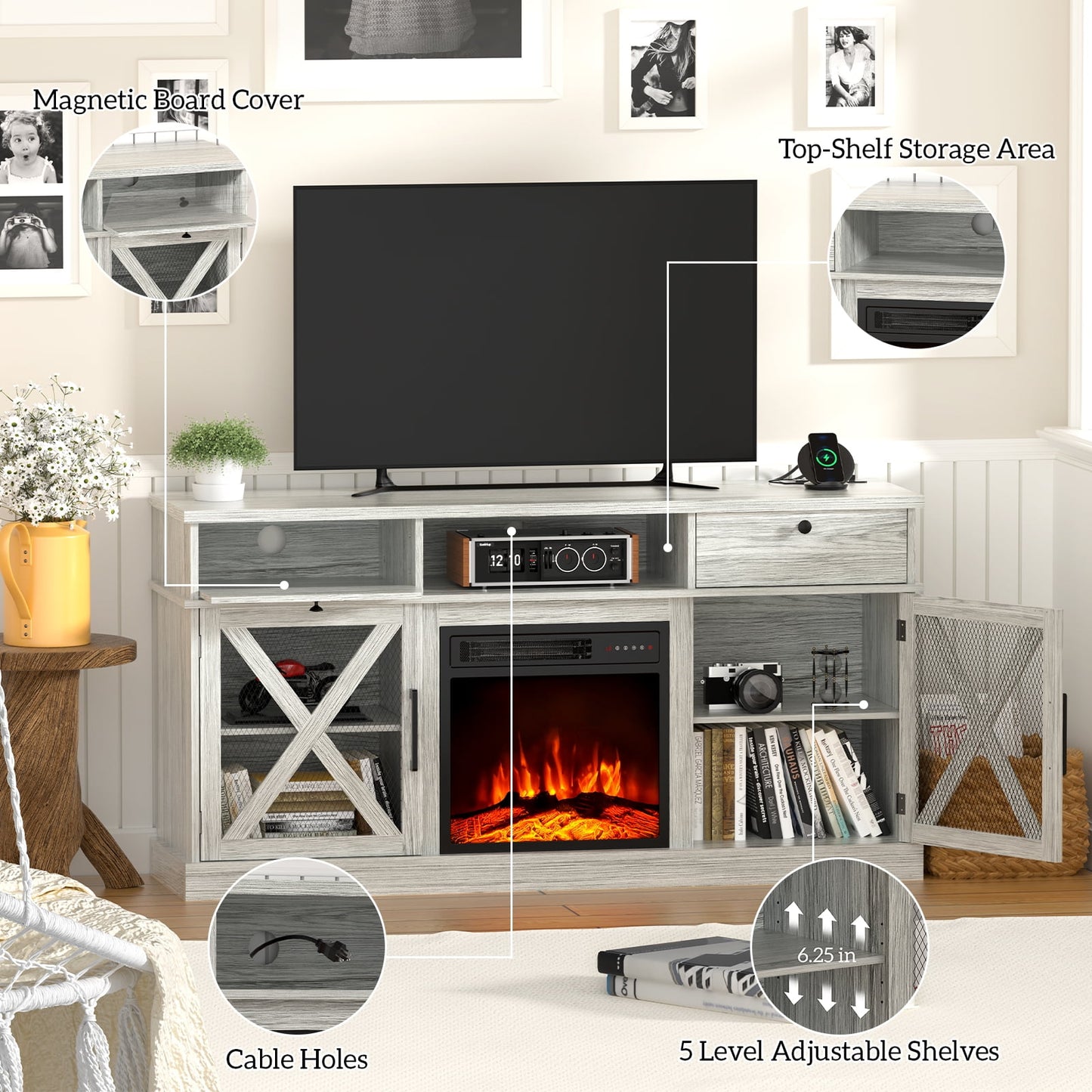 BREEZEHEAT 58" Farmhouse Fireplace TV Stand with 18" Electric Fireplace for TVs up to 65''