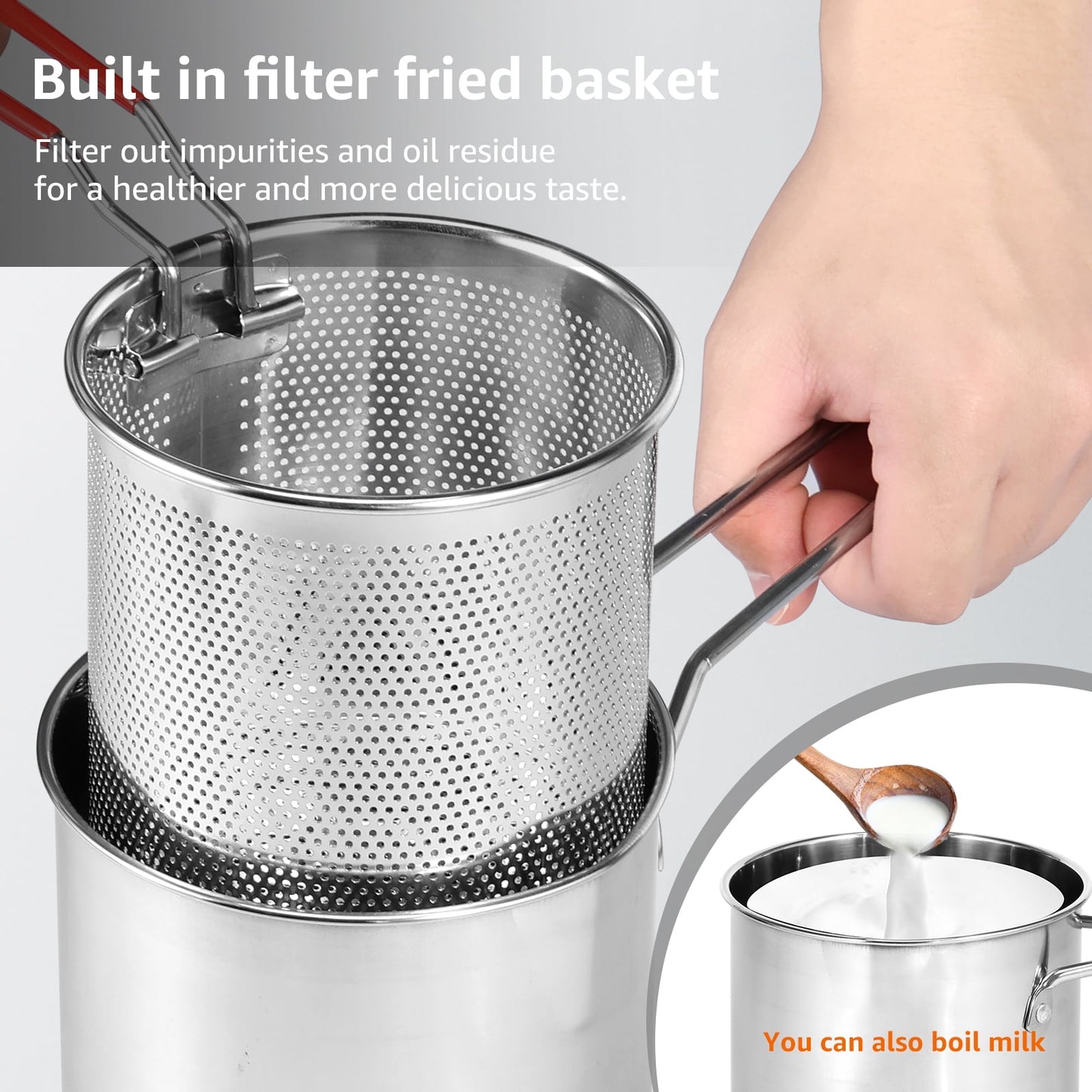Evjurcn Deep Fryer with Strainer Basket and Handle Stainless Steel Fry Pot Durable Food Grade Outdoor Fryer with Lid Portable Food Cooking Pot for Frying Fish Shrimp Chicken and Fries