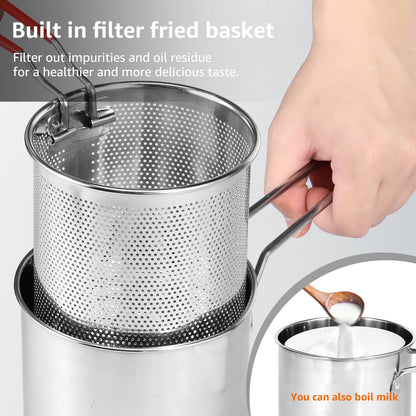 Evjurcn Deep Fryer with Strainer Basket and Handle Stainless Steel Fry Pot Durable Food Grade Outdoor Fryer with Lid Portable Food Cooking Pot for Frying Fish Shrimp Chicken and Fries