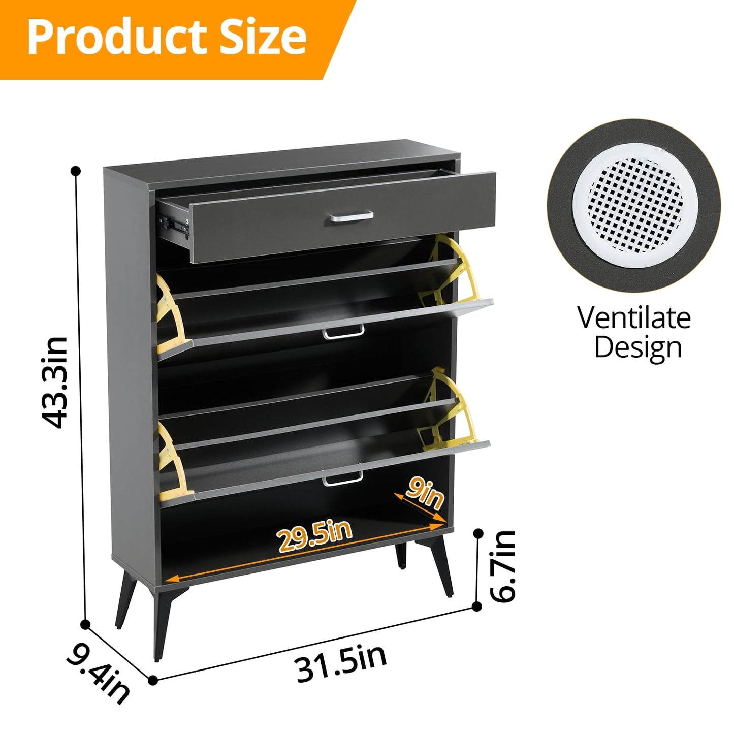 Shoe Cabinet with 2 Flip Drawers and Open Shelf,Free Standing Shoe Racks Storage Cabinet with Metal Legs,Shoe Organizer Entrance Shoe Storage Cabinet Narrow Closet for Entryway Hallway,Antique Gray
