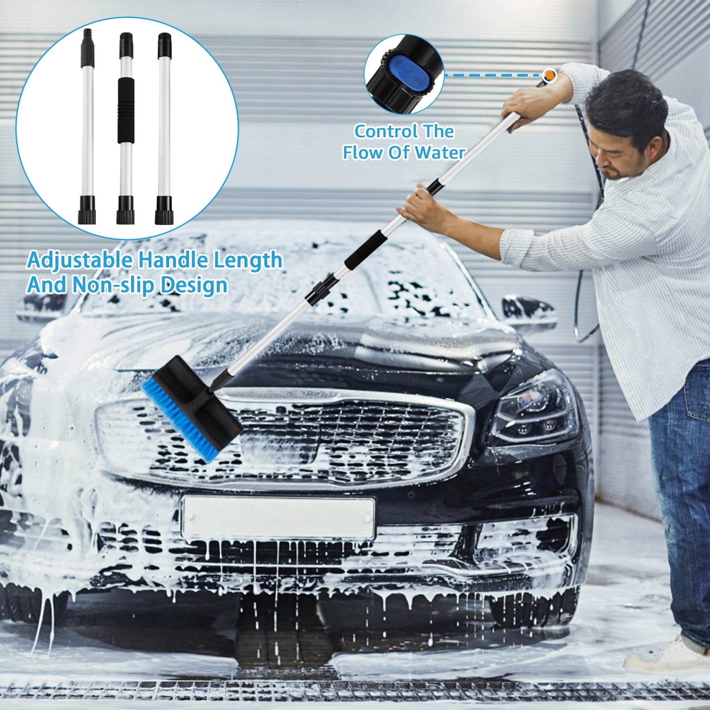 Car Wash Mop Brush 51.2 Inch Car Wash Mop with Adjustable Long Handle Soft Bristle Car Washing Brush with Pipe Quick Coupling Scratch-Free Car Detailing Mop Non Slip Car Wash Brush for Car Truck