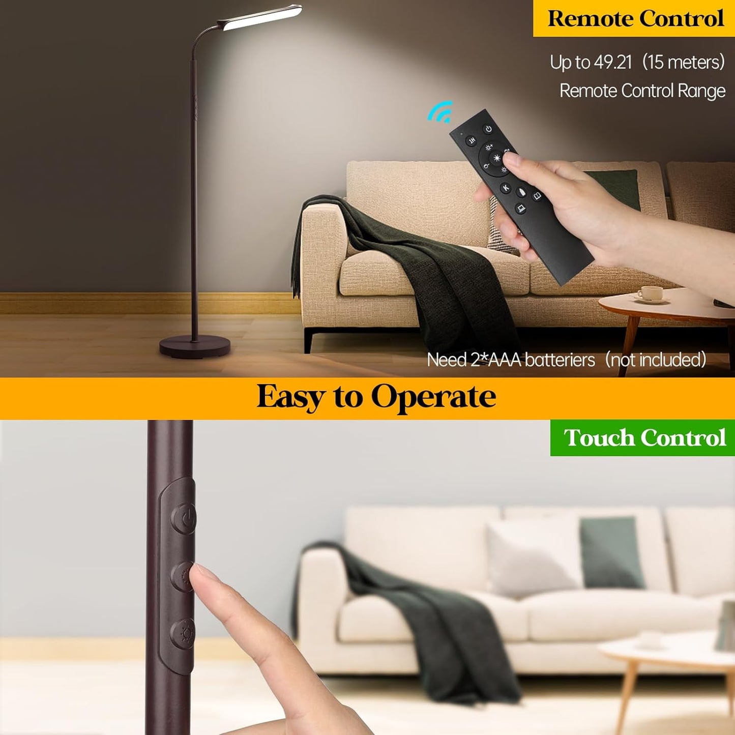 ACMETOP Floor Lamp, 18W/1800LM Bright LED Floor Lamp with Stepless Adjustable 2700K-6500K Colors and Dimmer, Remote and Touch Control, Adjustable Gooseneck Floor Lamp for Living Room (Brown)
