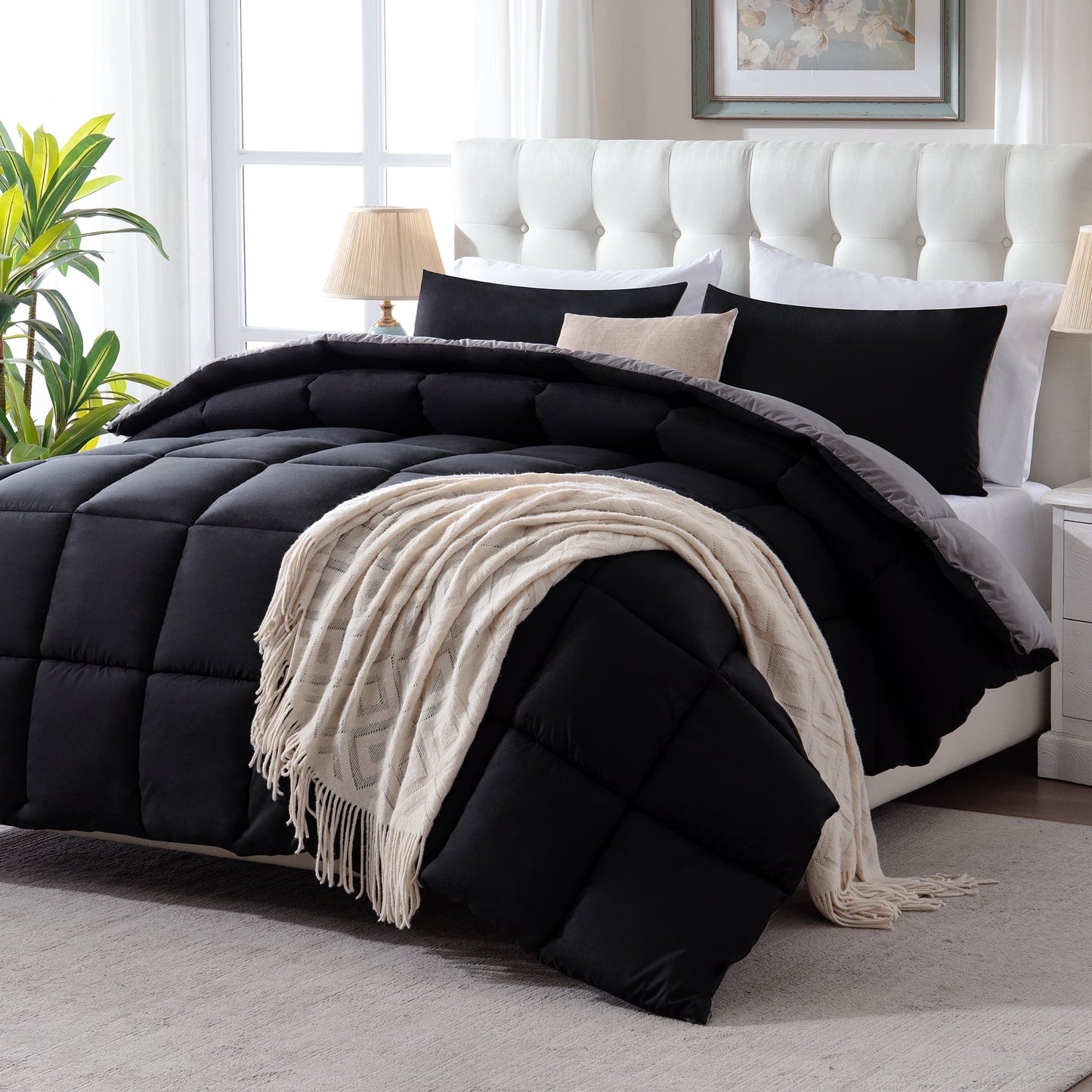 Thinway 2 Pieces Bed In a Bag Comforter Set Duvet Insert, Reversible, Black/Grey, Twin-200GSM, Thicker than the Cheap