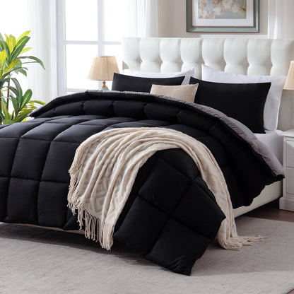 Thinway 2 Pieces Bed In a Bag Comforter Set Duvet Insert, Reversible, Black/Grey, Twin-200GSM, Thicker than the Cheap
