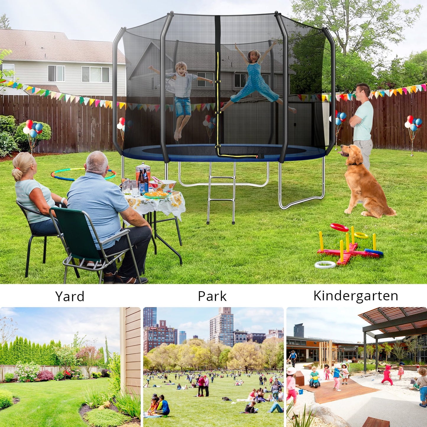 TRIPLE TREE 10 FT Trampoline with Safe Enclosure Net, 660 lbs Capacity for 3 Kids, Outdoor Fitness Trampoline with Waterproof Jump Mat Ladder for Indoor Park Kindergarten Toddler Trampolines