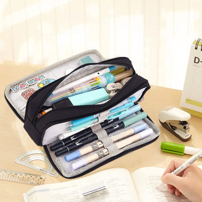 Tcwhniev Large Capacity Pencil Case 3 Compartment Pen Pouch Bag for School Teens Girls Boys Men Women (Black)