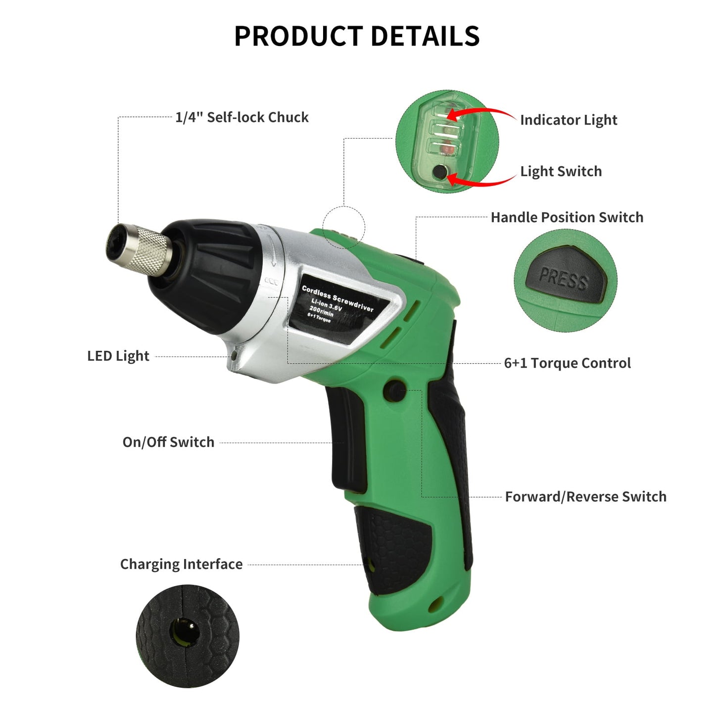 Bcamelys Cordless Electric Screwdriver with Pivoting Handle, LED Light and 45Pcs Bits, 3.6V, 1500mA