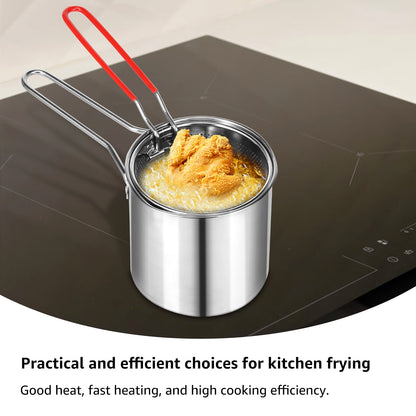 Evjurcn Deep Fryer with Strainer Basket and Handle Stainless Steel Fry Pot Durable Food Grade Outdoor Fryer with Lid Portable Food Cooking Pot for Frying Fish Shrimp Chicken and Fries